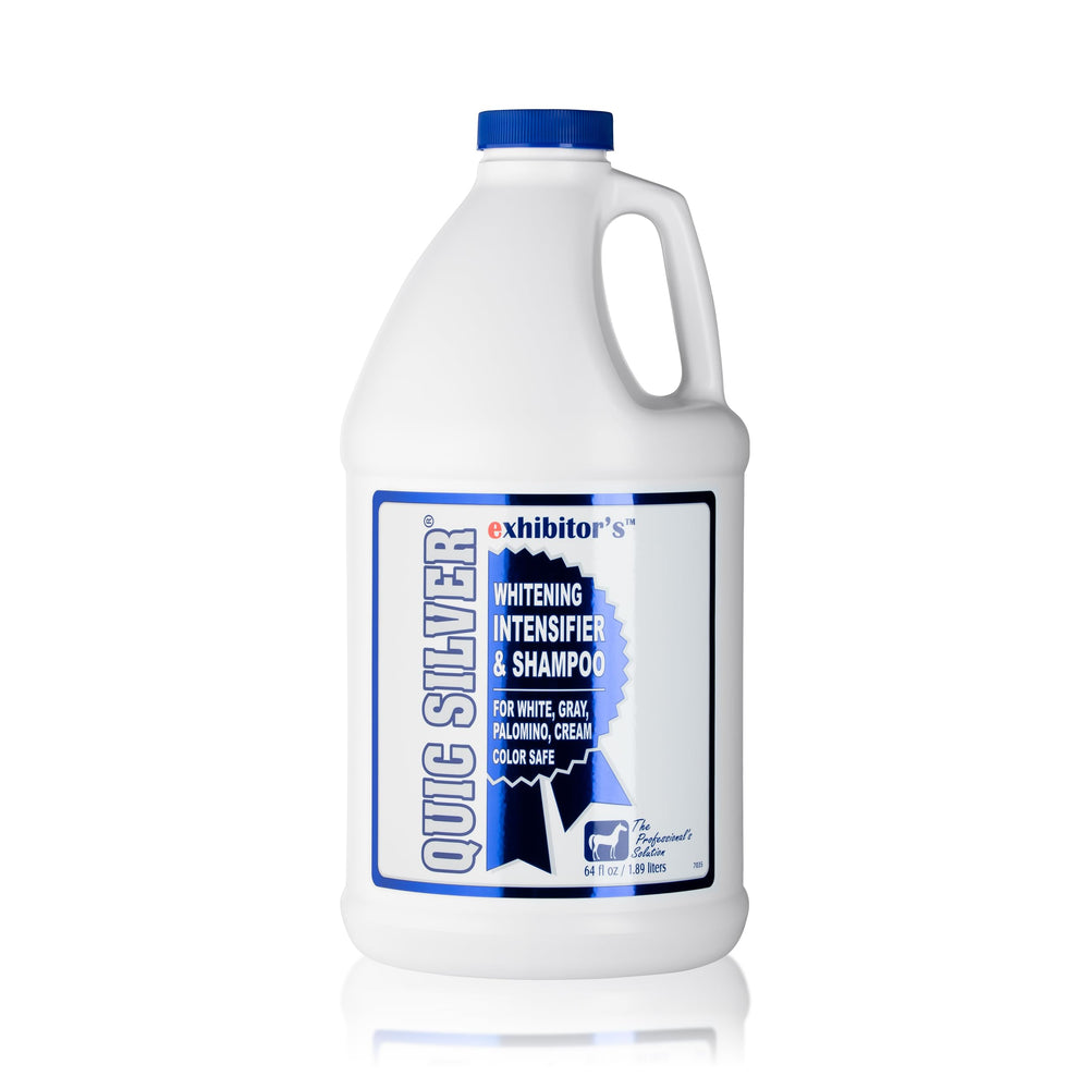 Exhibitor's Quic Silver shampoo bottle highlights color-enhancing formula for bright coats.