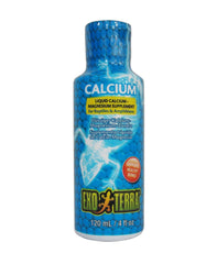 Exo Terra Calcium Liquid bottle pouring to support reptile bone health and calcium intake.