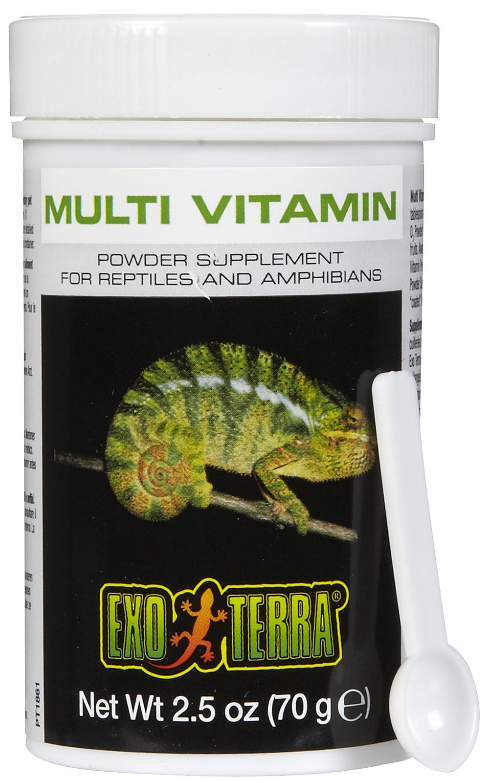 Exo Terra Multi Vitamin Powder bottle enables easy dusting for balanced reptile nutrition.