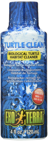 Exo Terra Turtle Clean bottle pour demonstrates simple dosing for weekly waste reduction in turtle habitats.