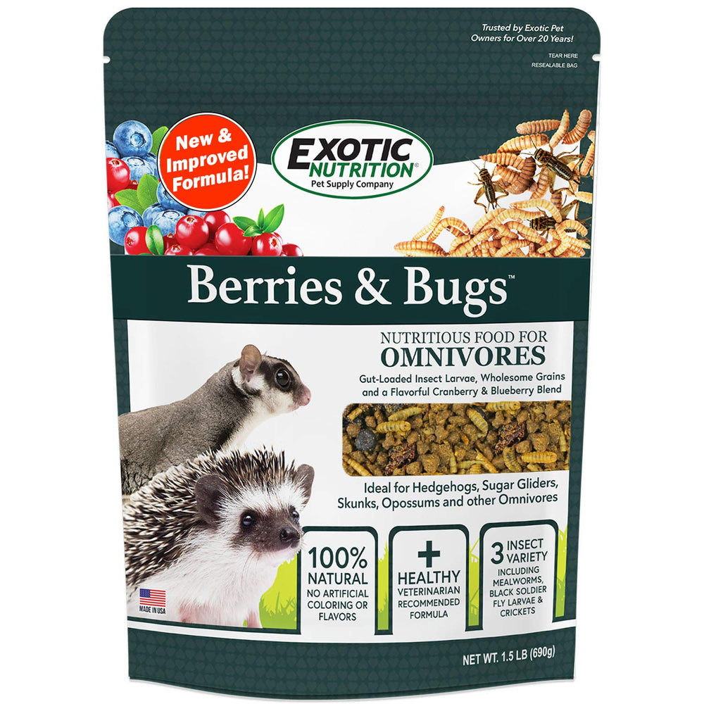 Exotic Nutrition Berries & Bugs pouch closeup shows natural insectivore diet for small mammals