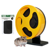 Exotic Nutrition Silent Runner Wheel with yellow stand offers quiet, safe exercise for small pets.