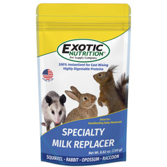 Exotic Nutrition Specialty Milk Replacer jar front, premium powder for early wildlife growth