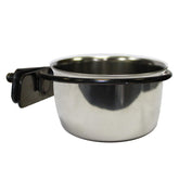 Exotic Nutrition stainless steel cup with holder, front view, easy feeding access.