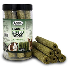 Exotic Nutrition Timothy Puff Sticks jar closeup showing natural hay chew