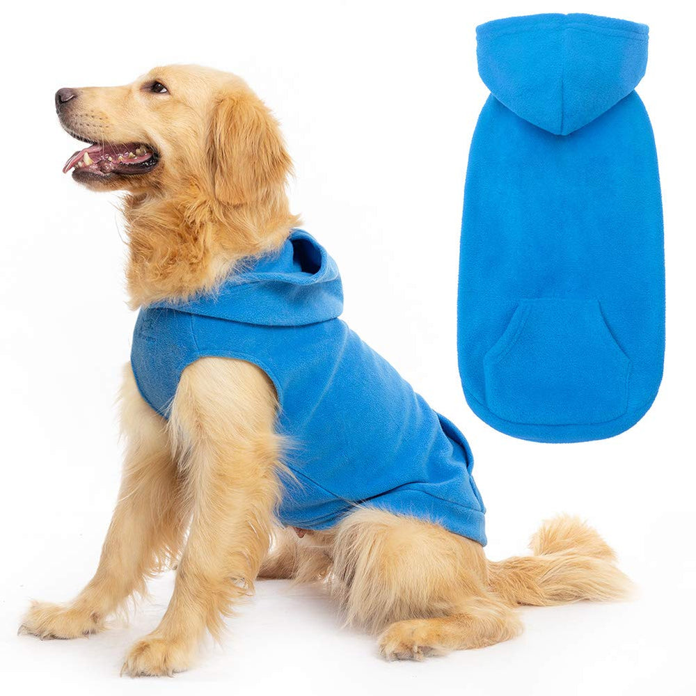 EXPAWLORER dog hoodie fleece sweater blue hooded on model for cozy warmth