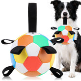 EXPAWLORER dog soccer ball with straps for easy fetch and tug play.