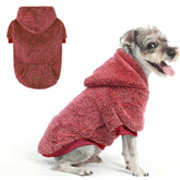 EXPAWLORER fuzzy dog sweater hoodie front view shows warm maroon plush comfort