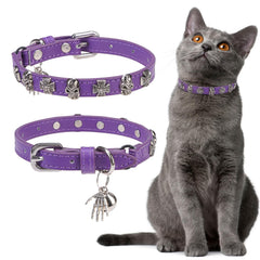 EXPAWLORER Leather Cat Collar with purple skull buckle for daily style and safety.