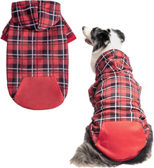 EXPAWLORER plaid dog hoodie back-pocket view for convenient treat storage during walks