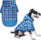 EXPAWLORER plaid dog hoodie front view in blue with classic tartan pattern.