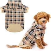 EXPAWLORER plaid dog hoodie front view in beige for winter warmth.