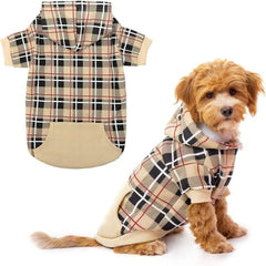 EXPAWLORER plaid dog hoodie front view in beige for winter warmth.