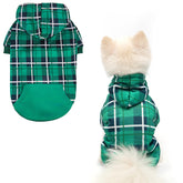 EXPAWLORER plaid dog hoodie front view in green offers timeless British style for everyday walks.