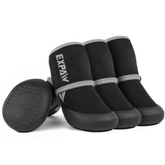EXPAWLORER waterproof dog shoes—front paws view showing paw protection in wet weather.