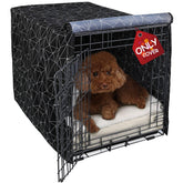 Explore Land pattern dog crate cover front view showing universal fit and décor boost