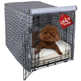 Explore Land pattern dog crate cover on a 42-inch crate for a tidy look.