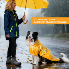 ExploreU dog raincoat harness hole and pocket support leash use and storage.