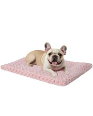 Exsnugy washable dog bed mat pink front view showing plush comfort for calm naps