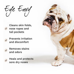 Eye Envy Tear Stain Remover Powder keeps eyes dry and minimizes staining.