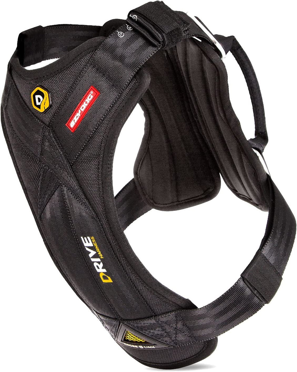 EzyDog Drive crash-tested harness shown for safe car travel and secure restraint.