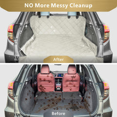 F-color SUV Cargo Liner beige water-resistant layer protecting seats from spills.