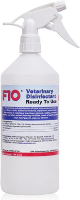 F10 disinfectant bottle shows ready-to-use formula for fast kennel cleaning