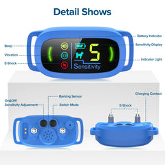 FAFAFROG Bark Collar blue on dog's neck enabling humane behavior control