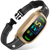 FAFAFROG bark collar gold front view shows training reminder