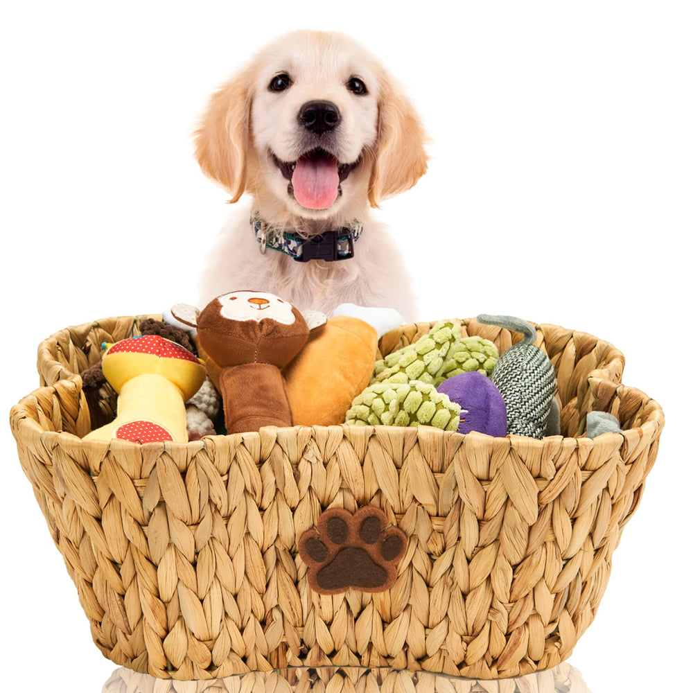 FairyHaus wicker dog toy basket with bone-shape design for organized toys.