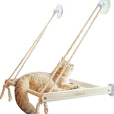 Famifit Cat Window Perch assembled view shows sturdy pine frame and cozy lounging space