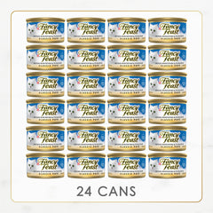 Fancy Feast Classic Pate grain-free wet cat food texture shown.