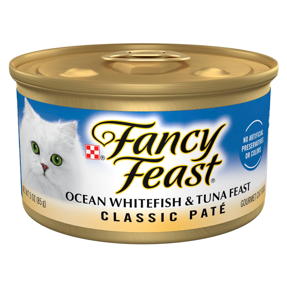 Fancy Feast Classic Pate Ocean Whitefish and Tuna cans in a 24-pack for convenient meals.