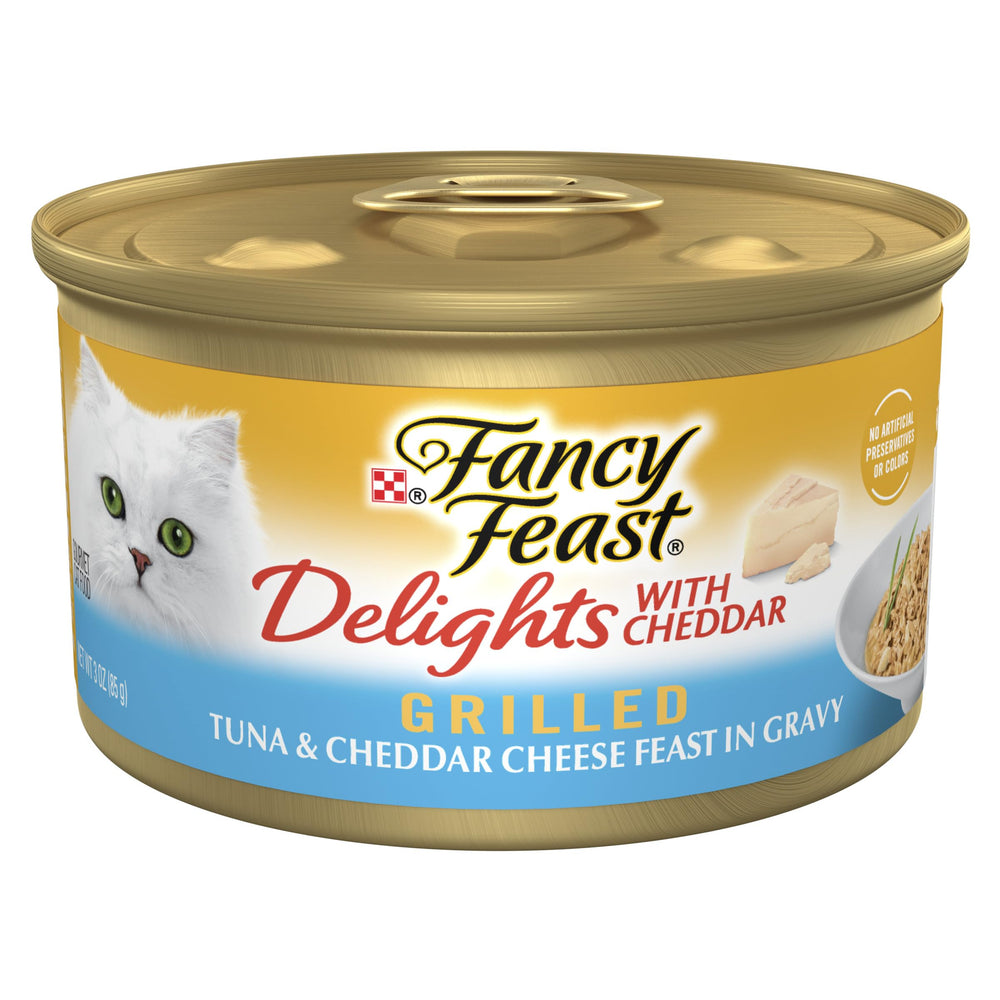 Fancy Feast Delights grilled tuna cheddar cans: gourmet meal presentation for cats.