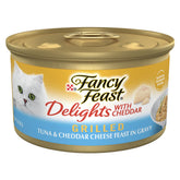 Fancy Feast Delights grilled tuna cheddar cans: gourmet meal presentation for cats.