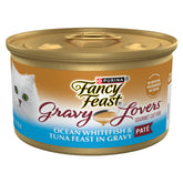 Fancy Feast Gravy Lovers Ocean Whitefish and Tuna Pate can opened with gravy swirl, protein-rich cat meal.