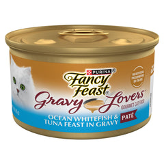 Fancy Feast Gravy Lovers Ocean Whitefish and Tuna Pate can opened with gravy swirl, protein-rich cat meal.