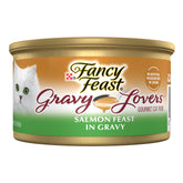 Fancy Feast Gravy Lovers Salmon Feast closeup shows salmon bites for a tasty, balanced daily meal.