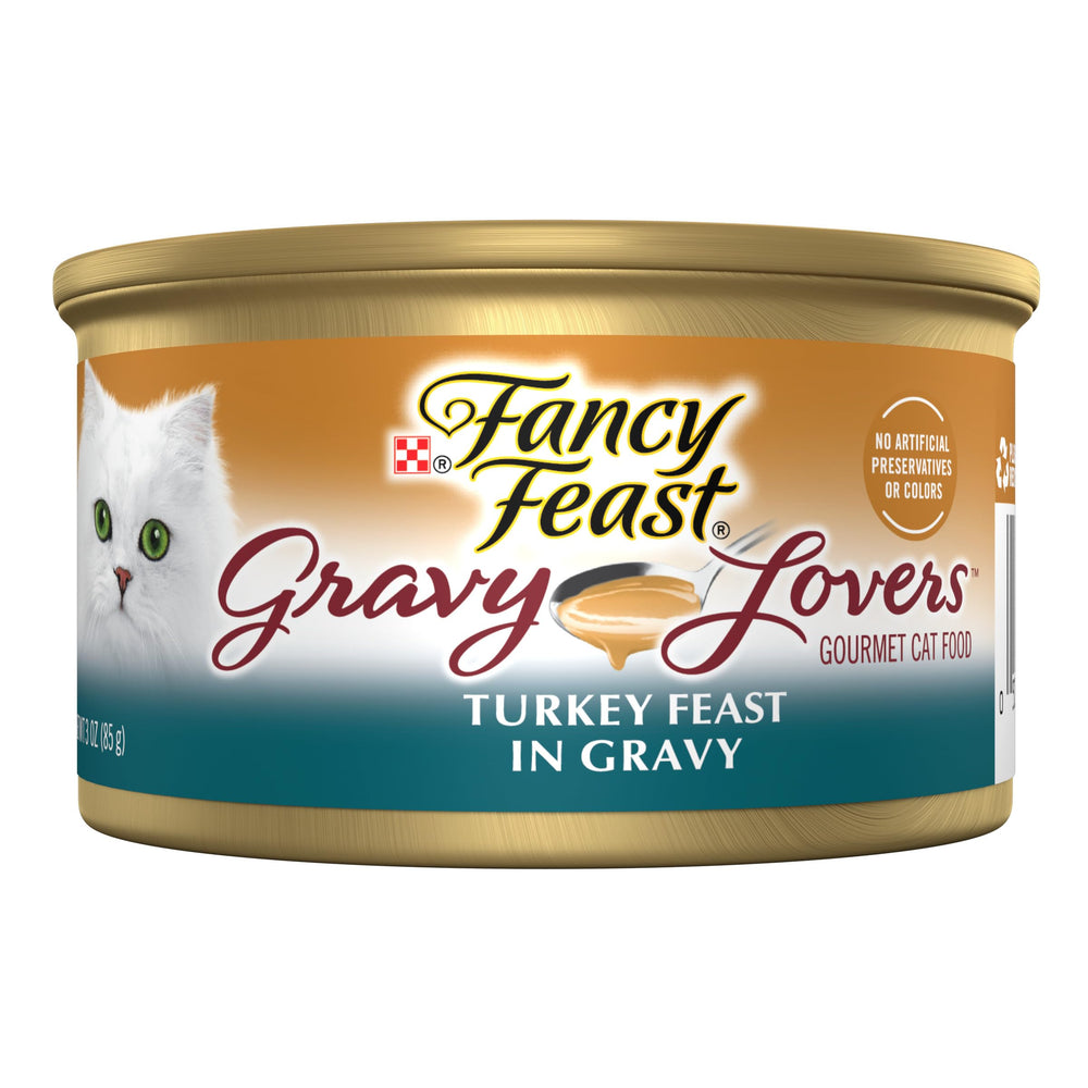 Fancy Feast Gravy Lovers turkey feast canned cat food with gravy highlights savory turkey aroma