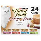 Fancy Feast Gravy Lovers variety-pack box with multiple flavors for adult cats' meals.
