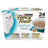 Fancy Feast Grilled Seafood Feast pack front view with 24 cans for easy variety.