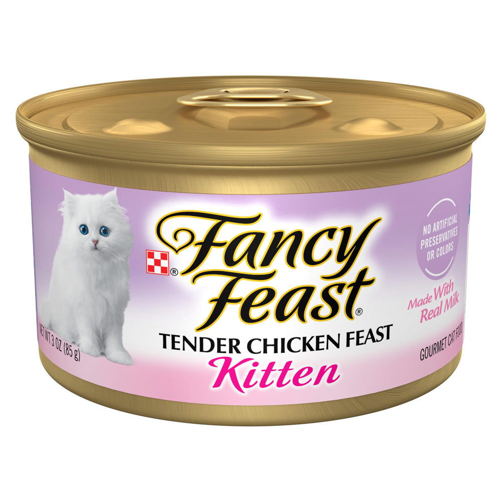 Fancy Feast kitten Tender Chicken Feast pate can closeup showing smooth texture and real chicken.