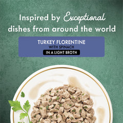 Fancy Feast Medleys Turkey Florentine with spinach and greens in broth boosts mealtime appeal.