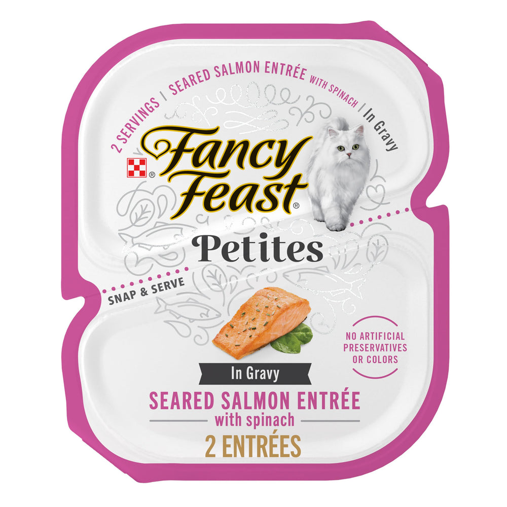 Fancy Feast Petites seared salmon entree tubs show real salmon and spinach in gravy.