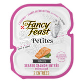 Fancy Feast Petites seared salmon entree tubs show real salmon and spinach in gravy.