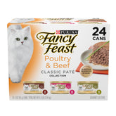 Fancy Feast poultry and beef feast pate variety pack 24 cans front view for convenient meals.