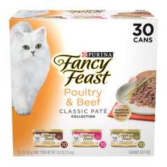 Fancy Feast turkey pate can — real turkey first ingredient for adult cats.