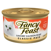 Fancy Feast Salmon Feast pate cans front view; convenient 24-pack meals.