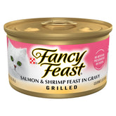 Fancy Feast grilled salmon-shrimp can reveals savory gravy ideal for mealtime.