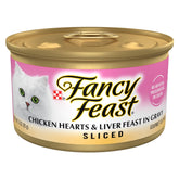 Fancy Feast sliced chicken hearts and liver feast cans with gravy offer a palatable dinner option